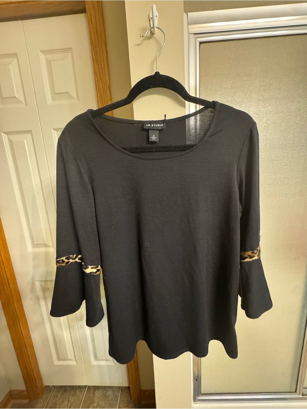 I.N. Studio Black Bell Sleeve Top with Leopard Trim Accent
